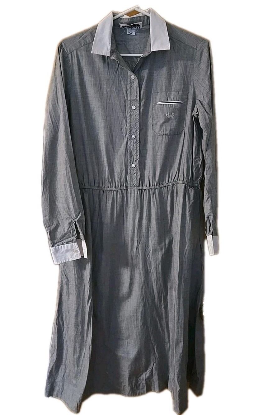70s Vintage Diane Von Furstenberg Cotton Preppy Collared Dress Sz 14 Grey
